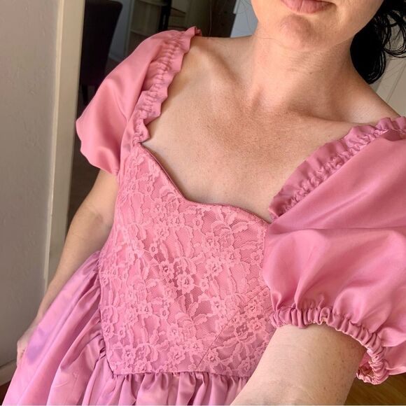 Sz XS or 00 Vintage Pink Mauve Puffy Sleeve Lace A line midi dress - Picture 2 of 13